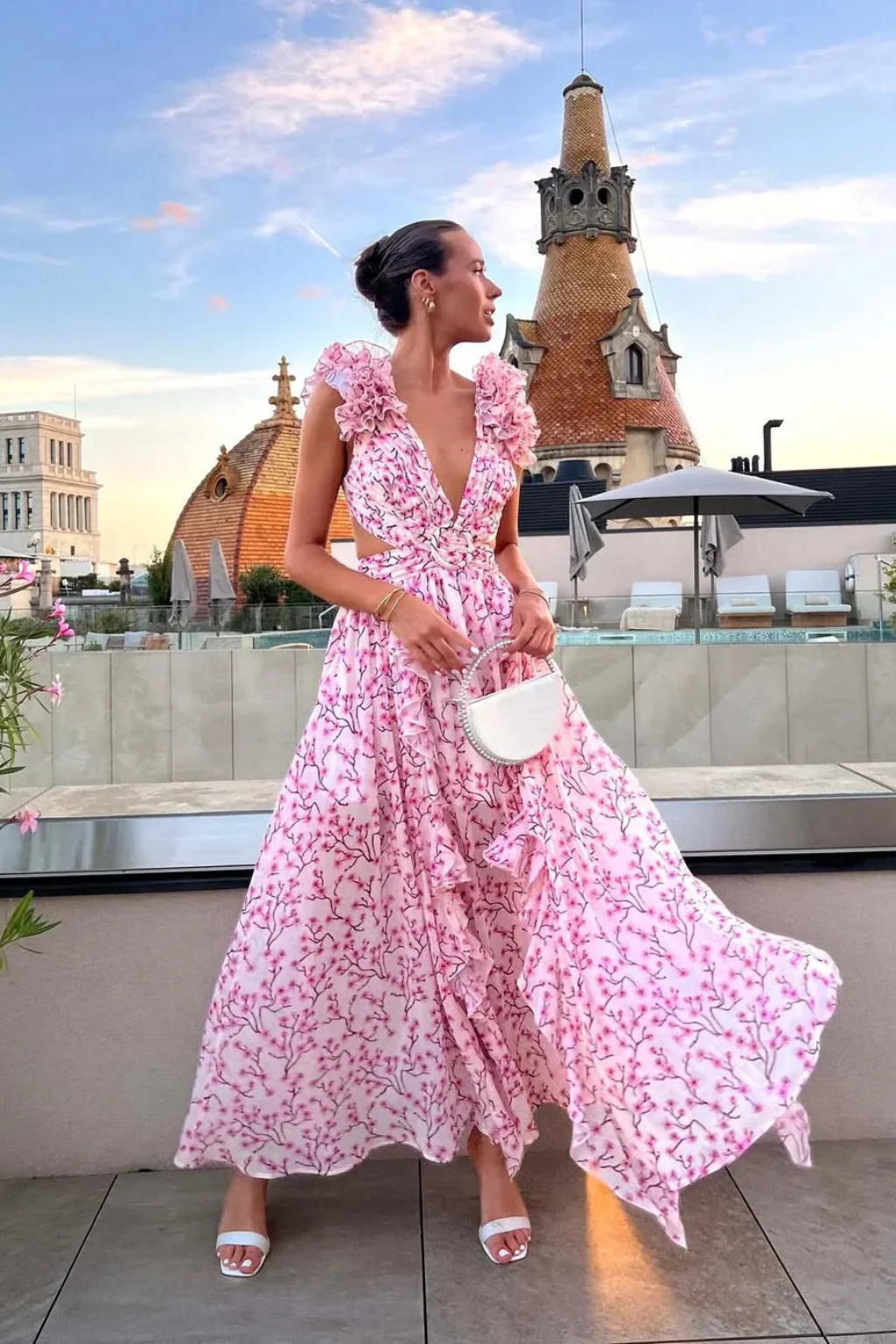 Siopie Floral Ruffle V-Neck Flowing Maxi Dress in Pink