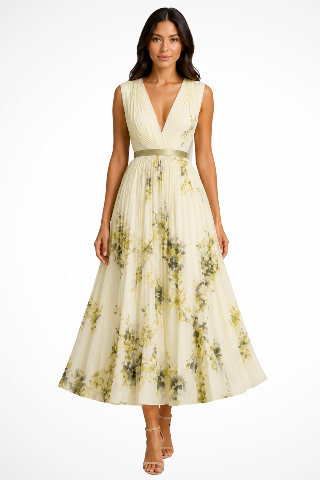 Siopie Floral Pleated V-Neck Occasion Midi Dress in Yellow