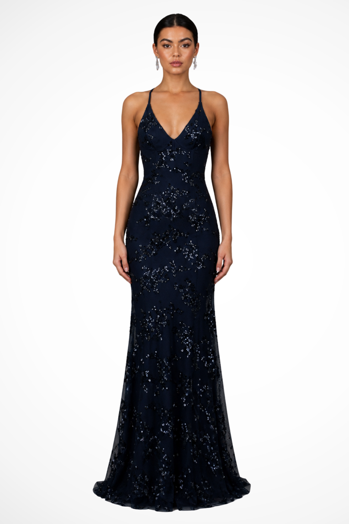 Dark Blue Women's V-Neck Sequin Maxi Dress – Siopie
