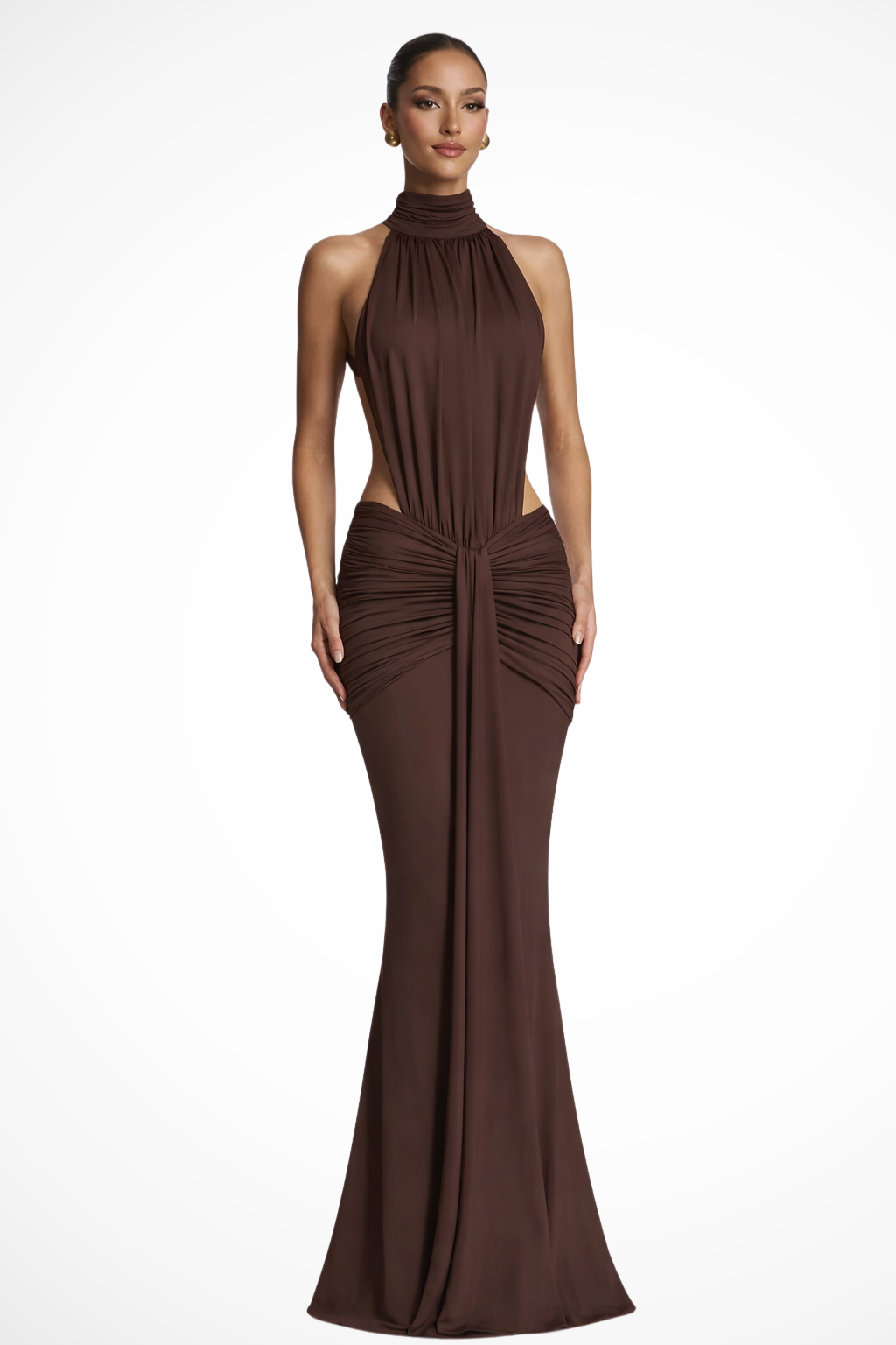 Siopie Women's Halter Neck Backless Ruched Bodycon Maxi Dress in Coffee