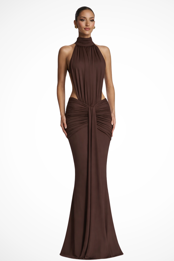 Siopie Women's Halter Neck Backless Ruched Bodycon Maxi Dress in Coffee