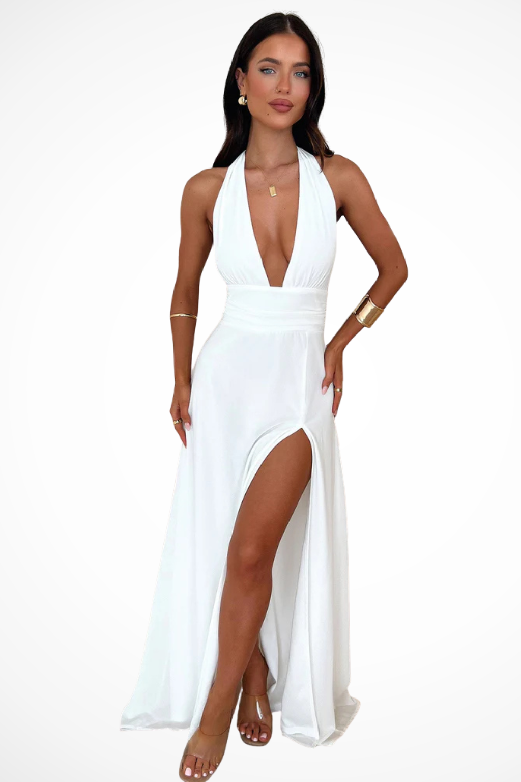 Siopie Women's Halter Neck Side Slit Maxi Dress in White