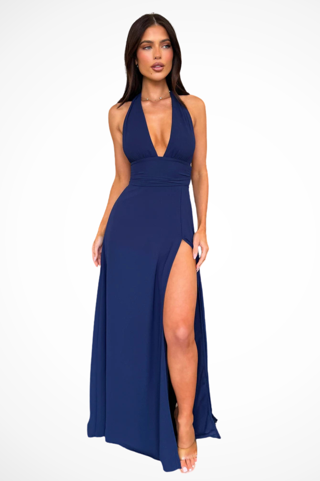 Siopie Women's Halter Neck Side Slit Maxi Dress in Navy Blue