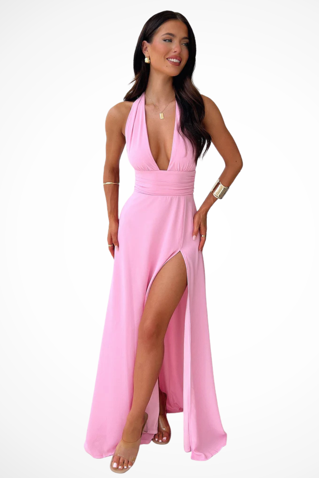 Siopie Women's Halter Neck Side Slit Maxi Dress in Pink