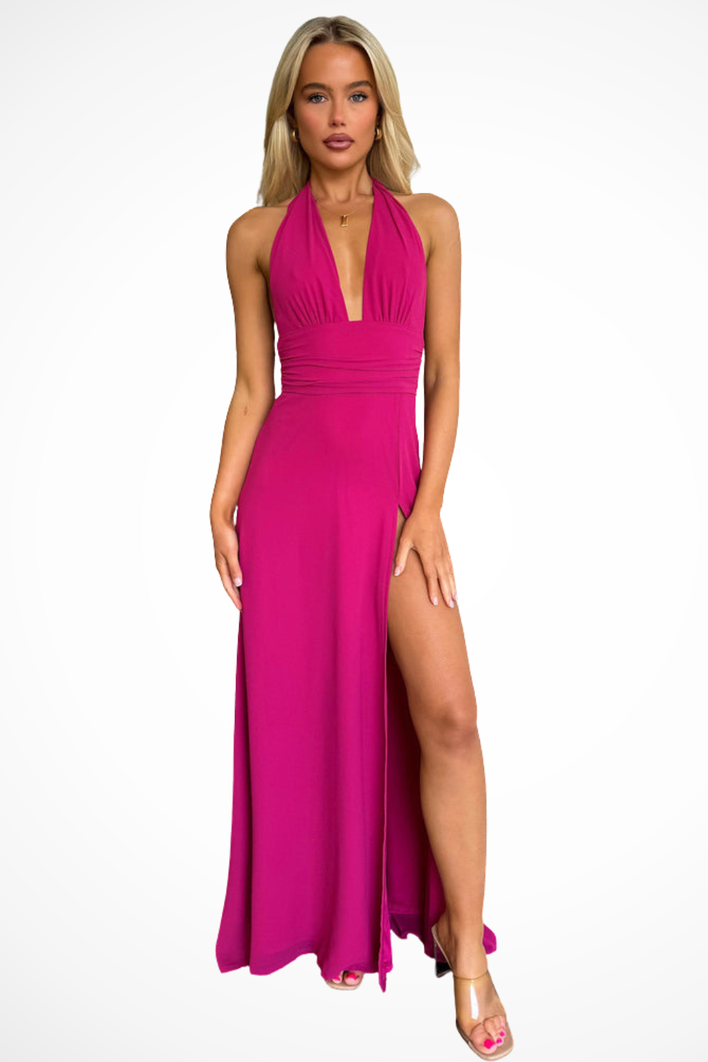 Siopie Women's Halter Neck Side Slit Maxi Dress in Hot Pink