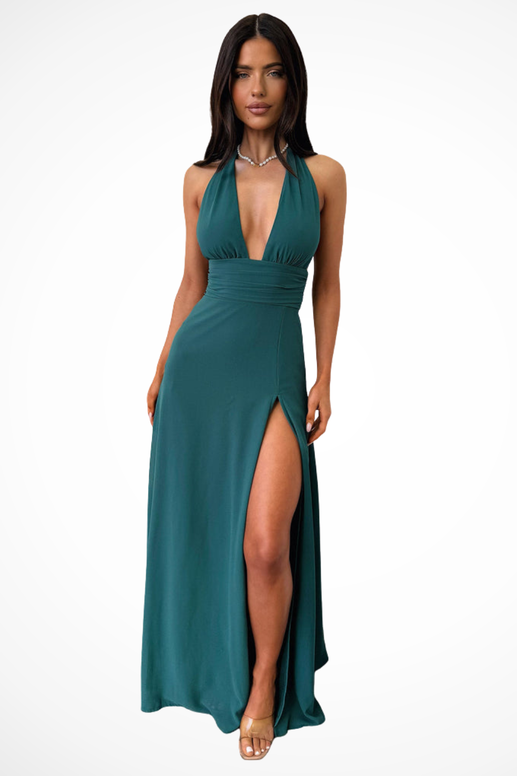 Siopie Women's Halter Neck Side Slit Maxi Dress in Dark Green