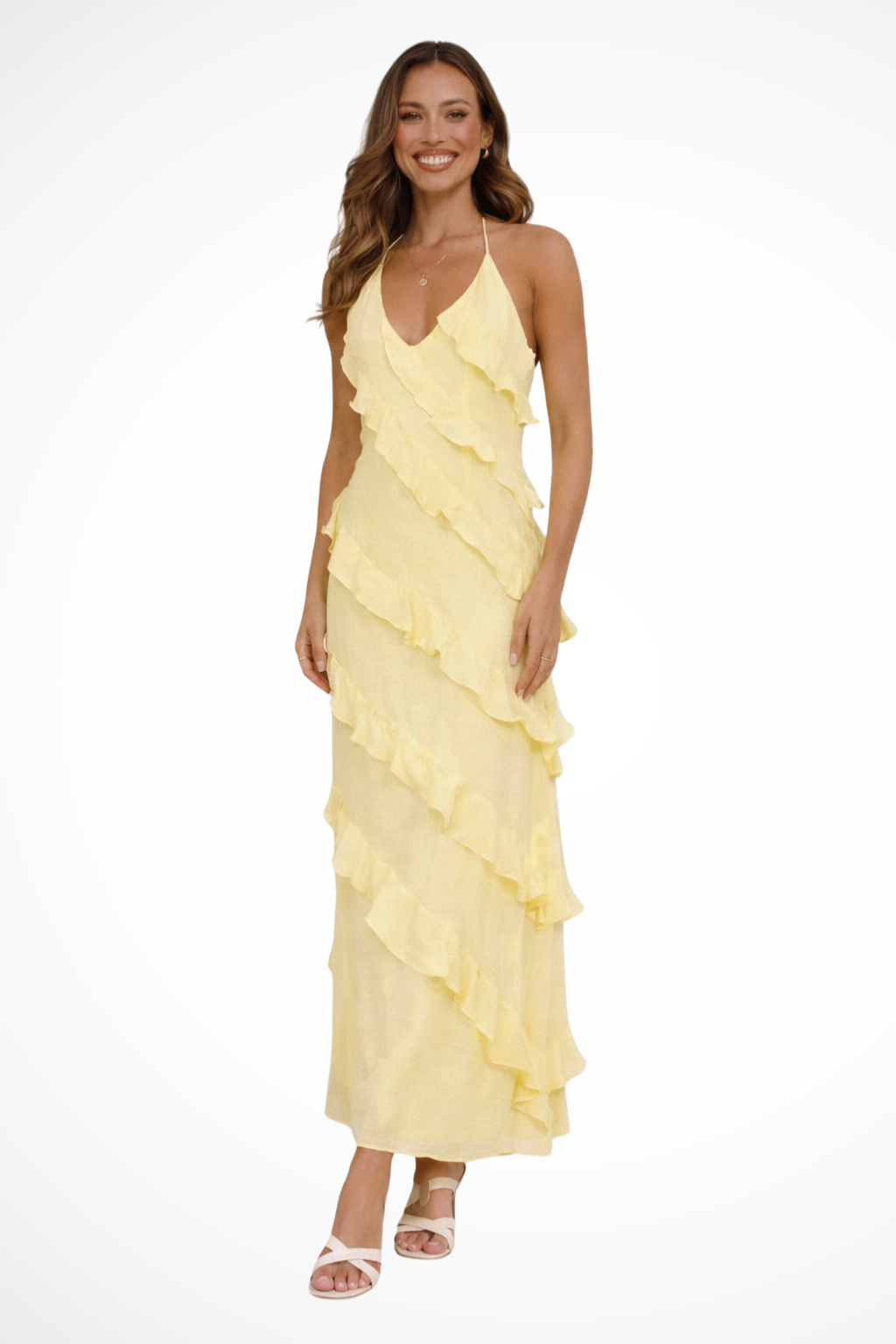 Siopie Women's Halter Neck Ruffle Maxi Dress in Yellow