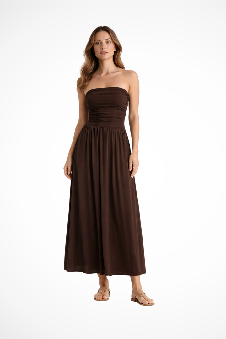 Siopie Women's Strapless Pleated Maxi Dress in Brown