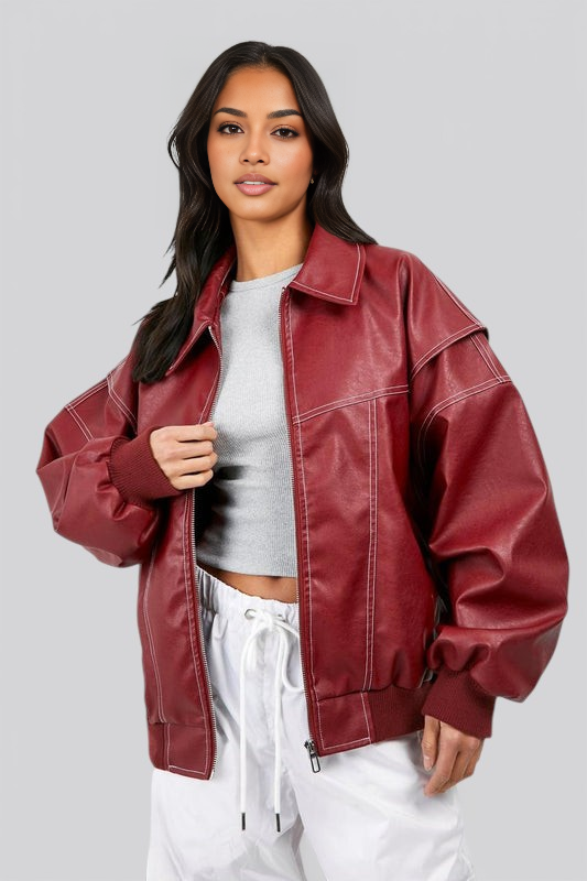 Women’s Leather Bomber Jacket – Classic Zip Up Bomber with Ribbed Cuffs for Fall Winter