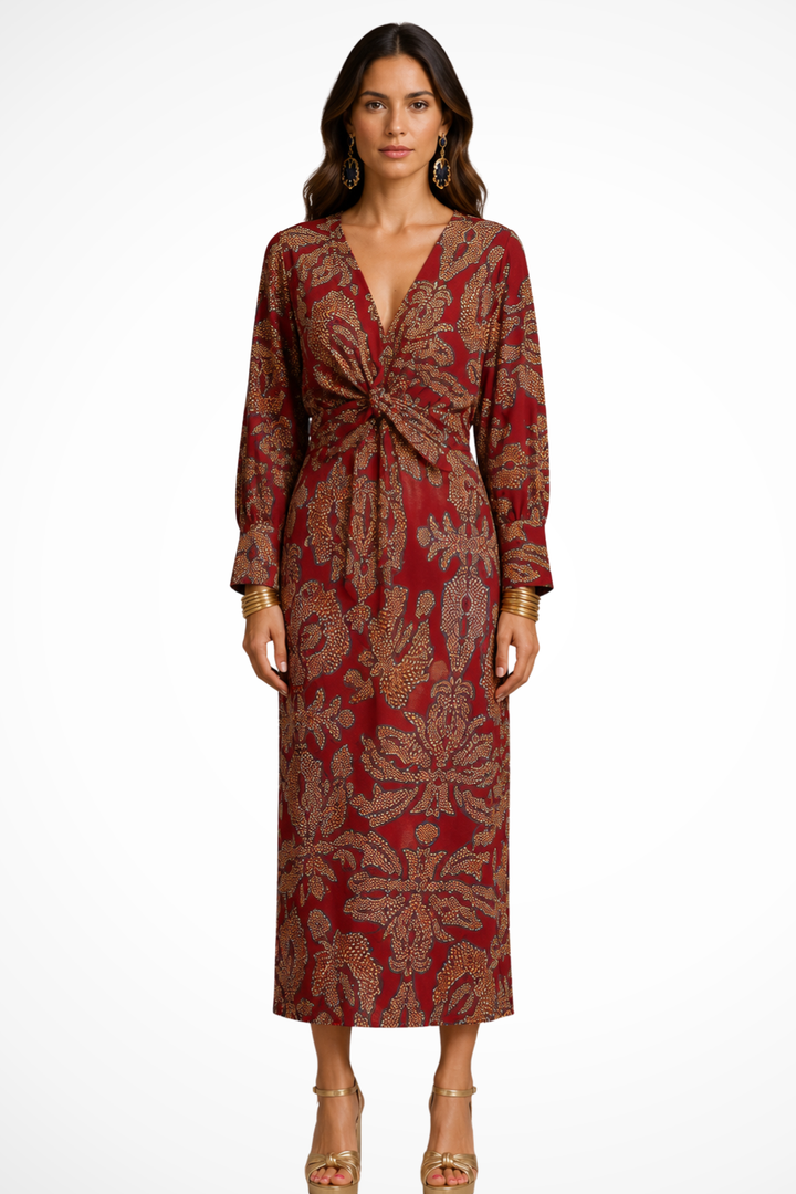 Siopie V-Neck Twist Front Printed Midi Dress in Red