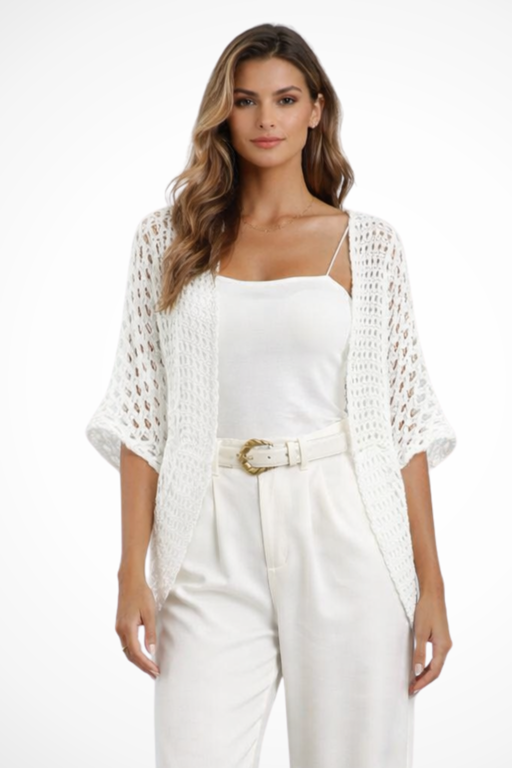 Siopie Women's Short Sleeve Crochet Cardigan in White