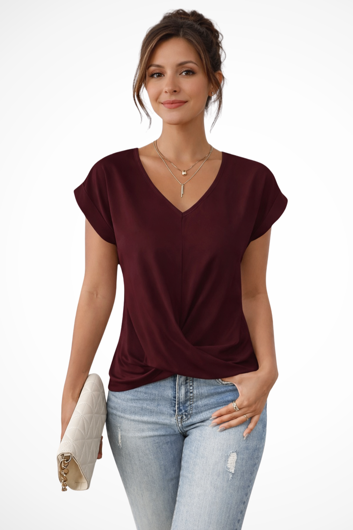 Siopie Women's V-Neck Twist Hem Short Sleeve Top in Burgundy Red
