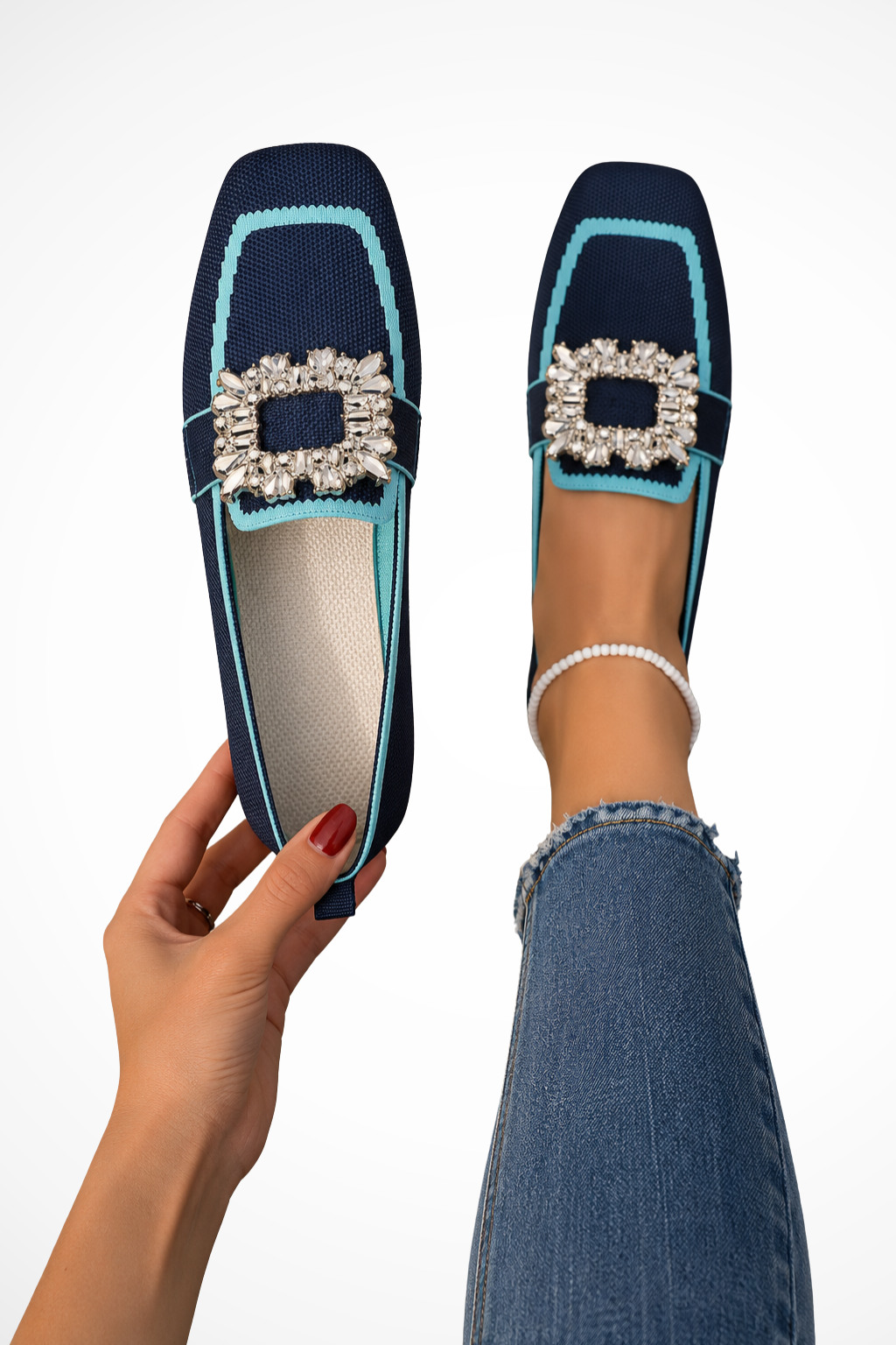 Siopie Embellished Square Toe Orthopaedic Loafers in Blue