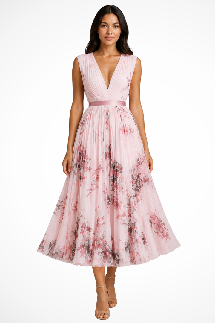 Siopie Floral Pleated V-Neck Occasion Midi Dress in Pink