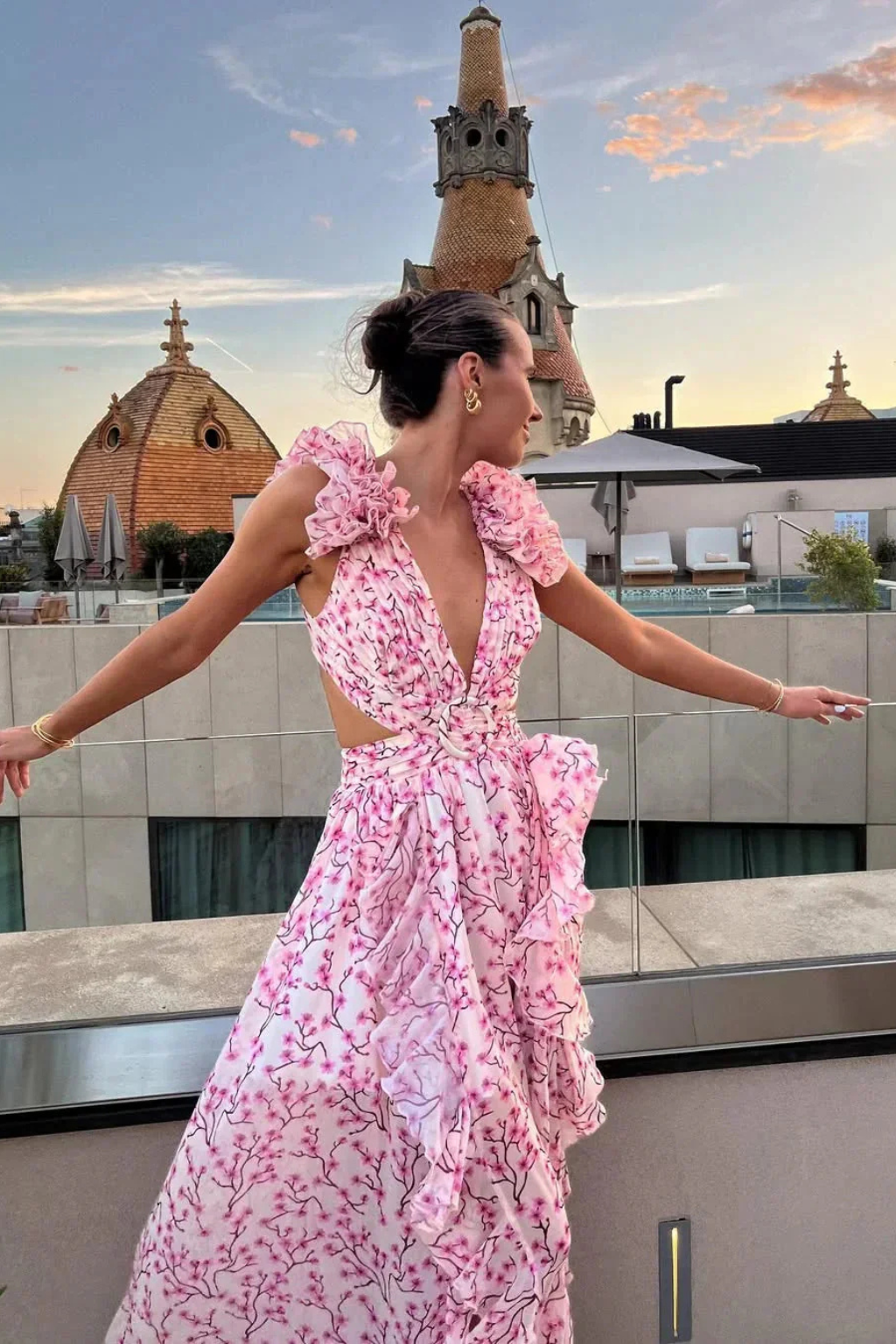 Siopie Floral Ruffle V-Neck Flowing Maxi Dress in Pink