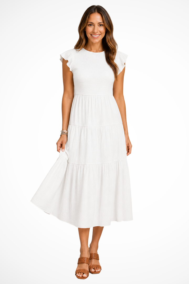 Siopie Shirred Tiered Relaxed Midi Dress in White