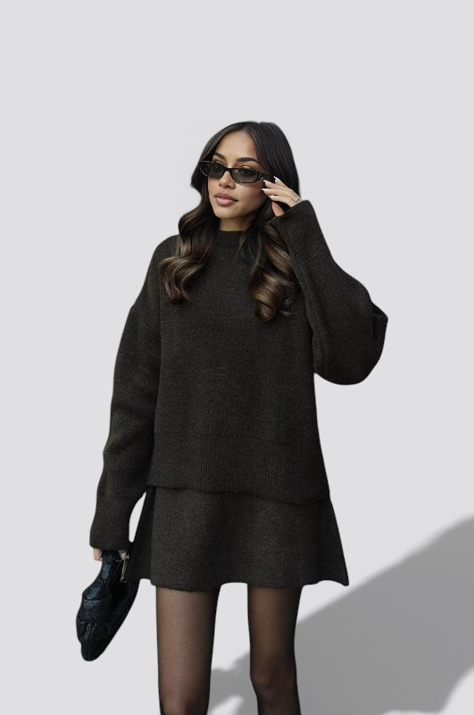 Women’s Knit Two Piece Skirt Set with Fitted Top and High Waist Skirt