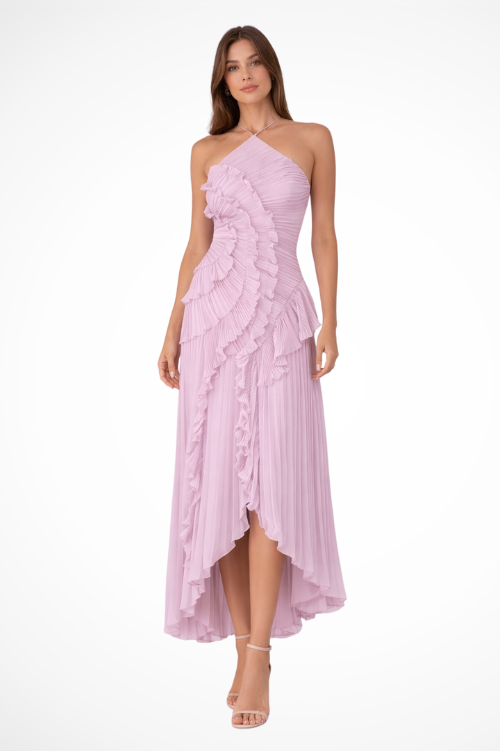 Imogen | Women’s Sleeveless Halter Backless Ruffled Maxi Summer Wedding Guest Dress