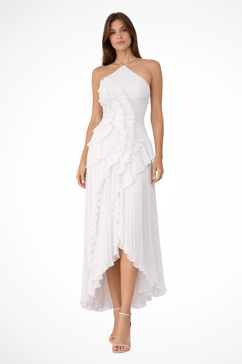 Imogen | Women’s Sleeveless Halter Backless Ruffled Maxi Summer Wedding Guest Dress