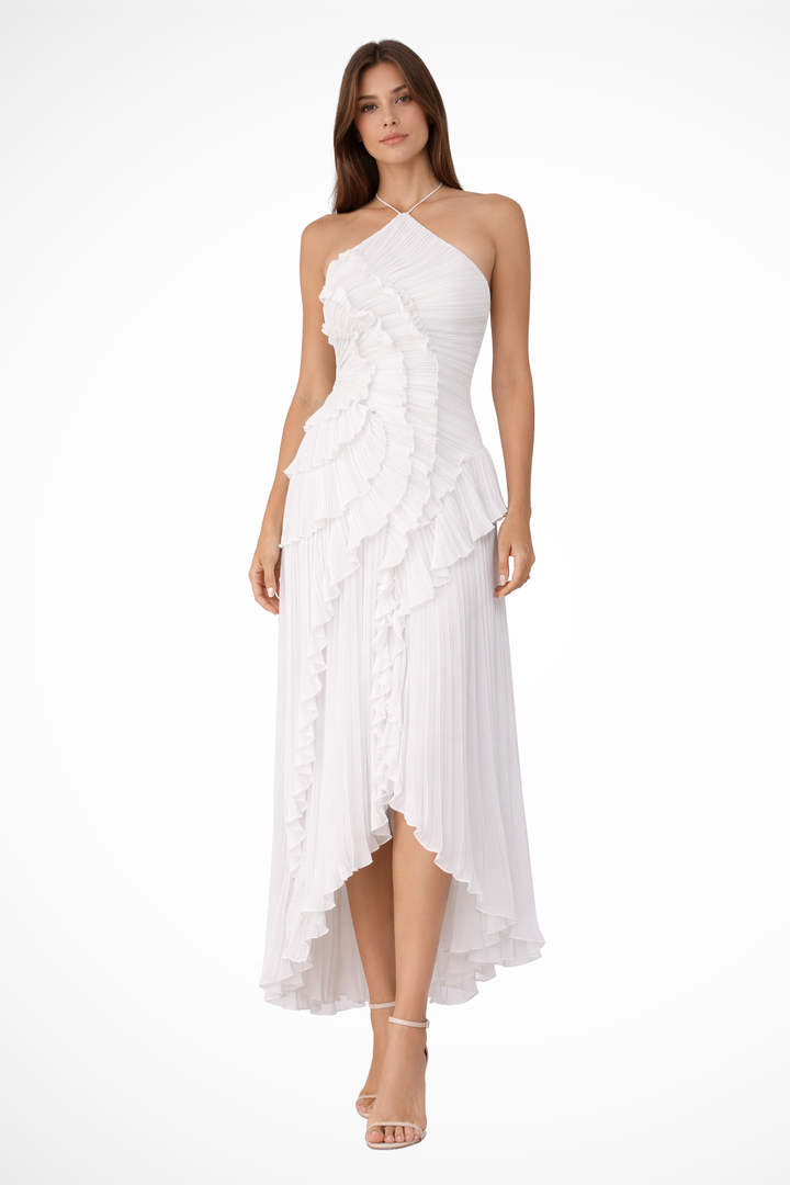 Imogen | Women’s Sleeveless Halter Backless Ruffled Maxi Summer Wedding Guest Dress