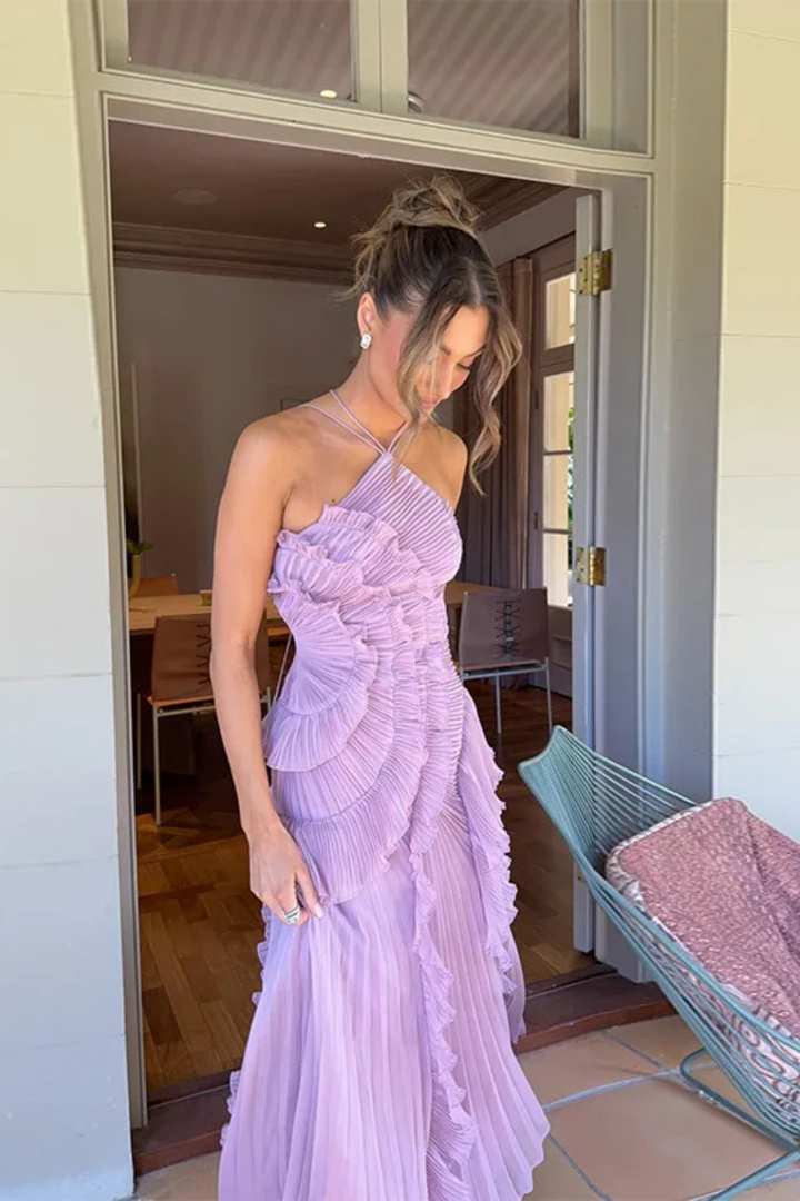 Imogen | Women’s Sleeveless Halter Backless Ruffled Maxi Summer Wedding Guest Dress