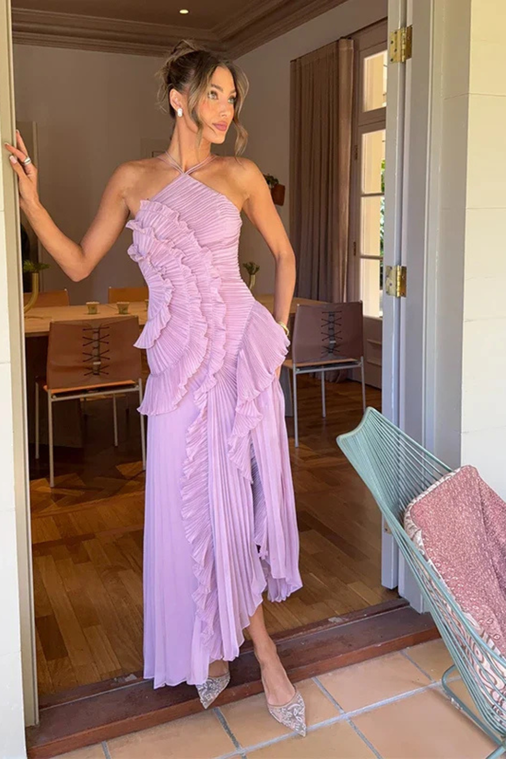 Imogen | Women’s Sleeveless Halter Backless Ruffled Maxi Summer Wedding Guest Dress