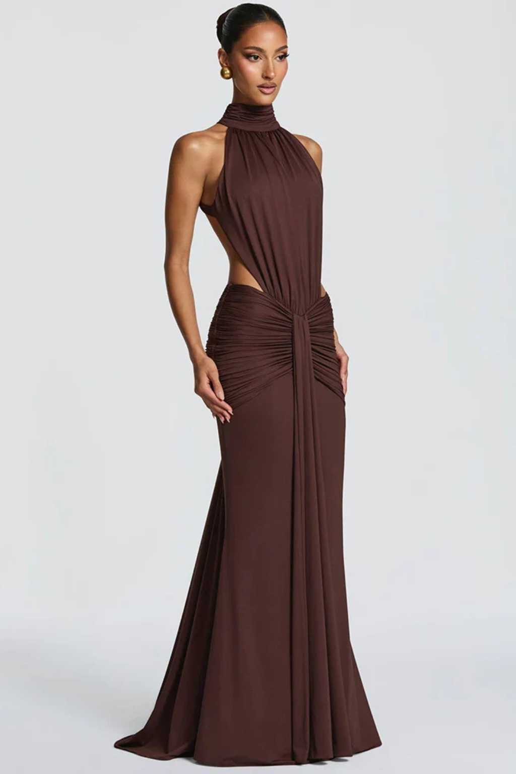 Siopie Women's Halter Neck Backless Ruched Bodycon Maxi Dress