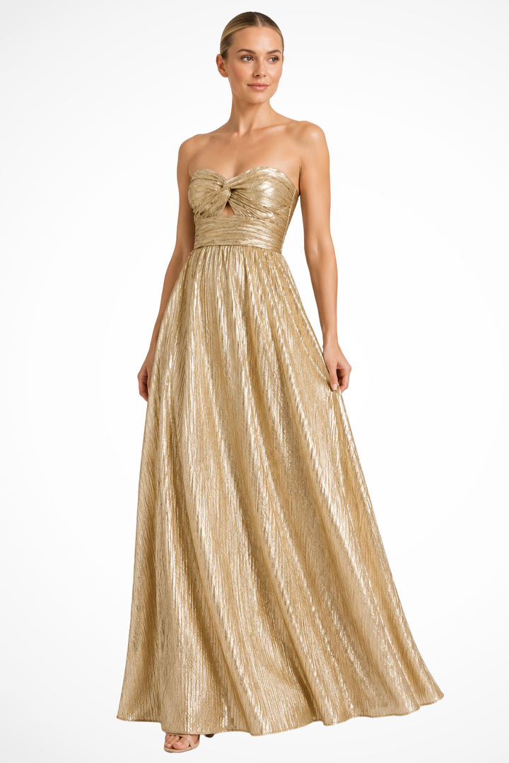 Siopie Strapless Twist Front Pleated Maxi Dress in Gold