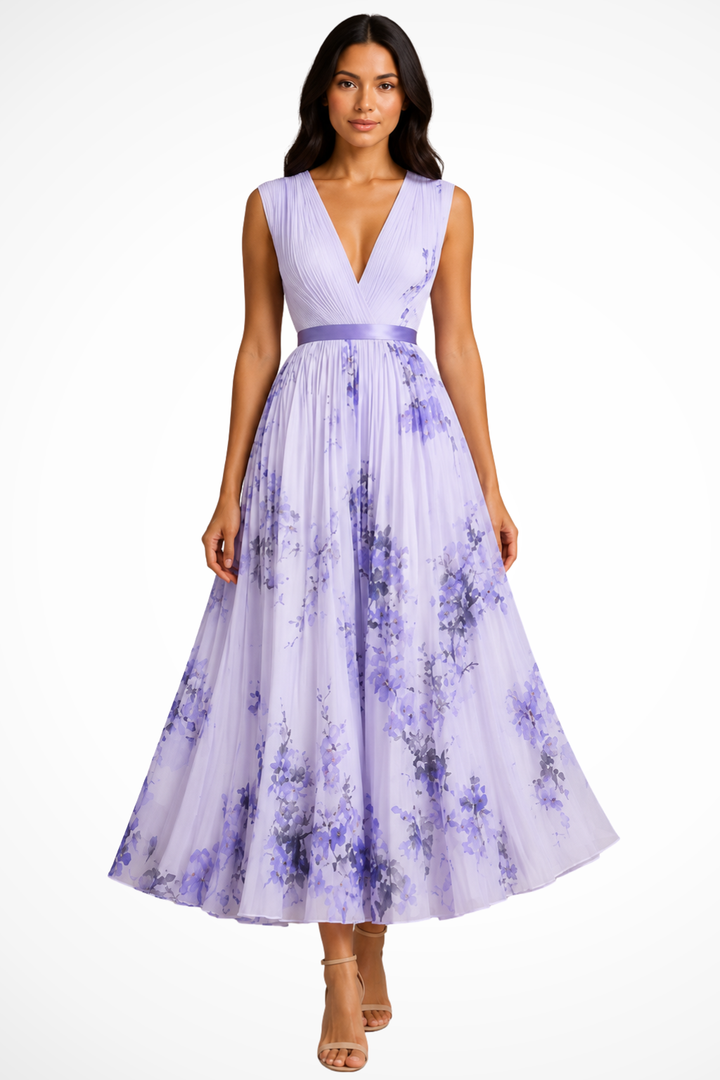Siopie Floral Pleated V-Neck Occasion Midi Dress in Purple