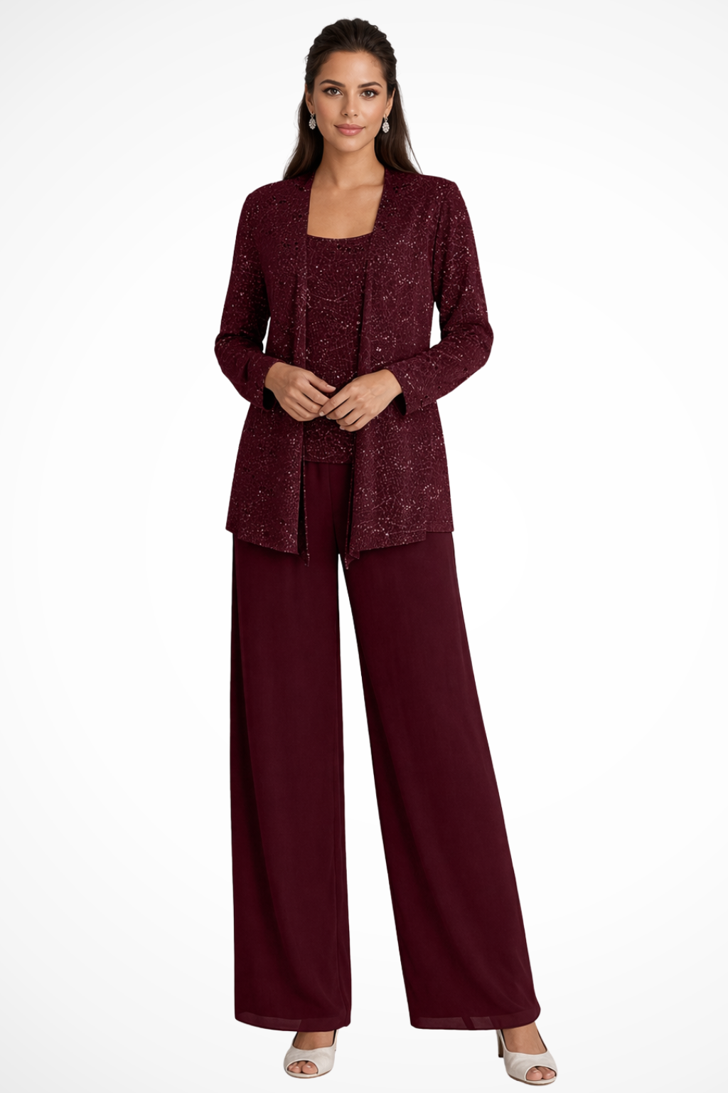 Sequin Lace Three-Piece Trouser Suit Burgundy – Siopie