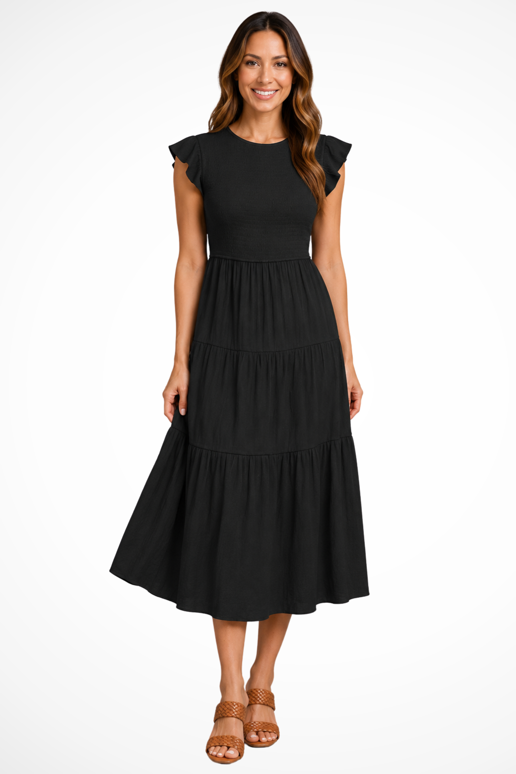 Siopie Shirred Tiered Relaxed Midi Dress in Black