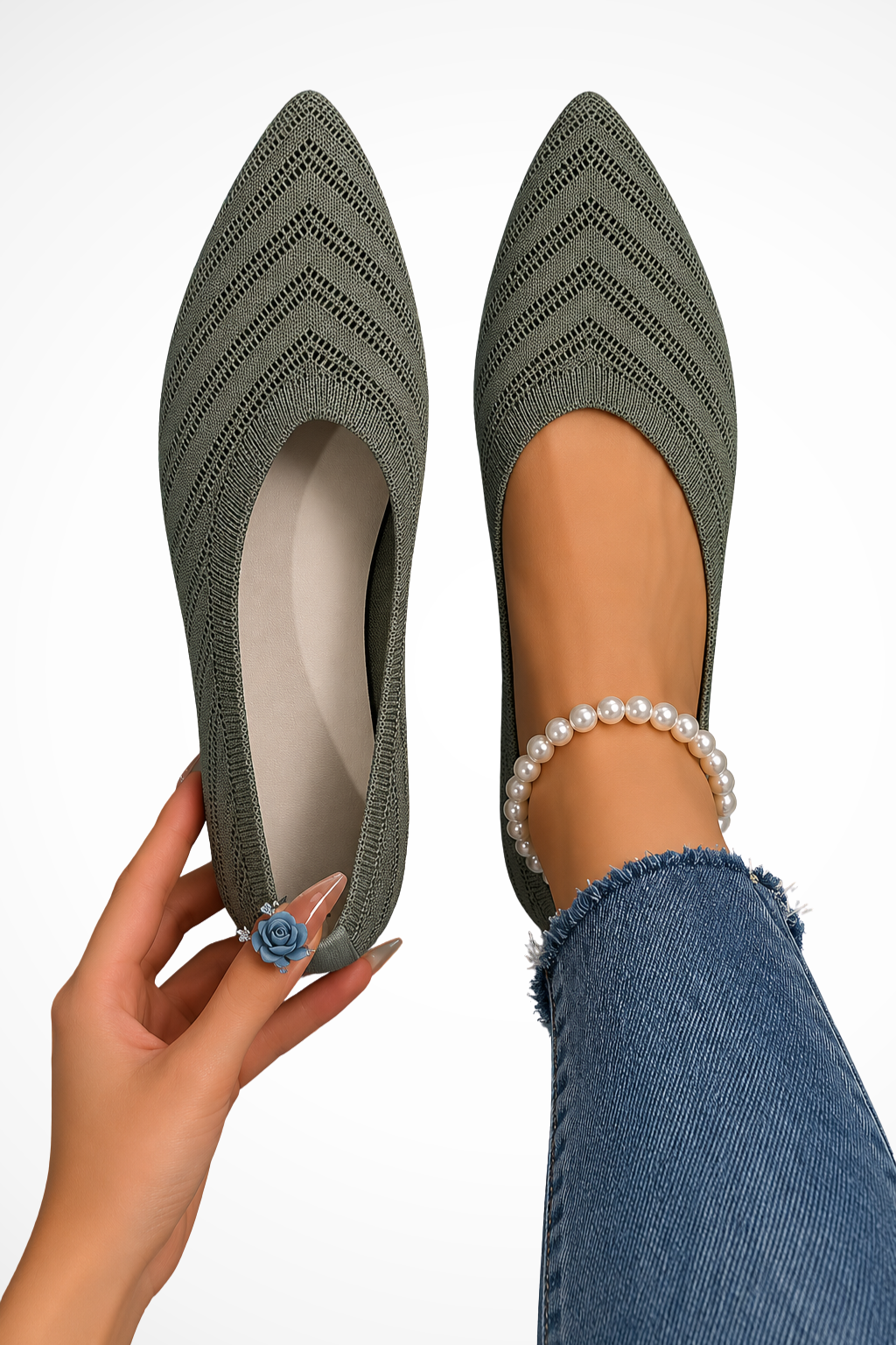 Siopie Pointed Toe Knit Orthopaedic Loafers in Green