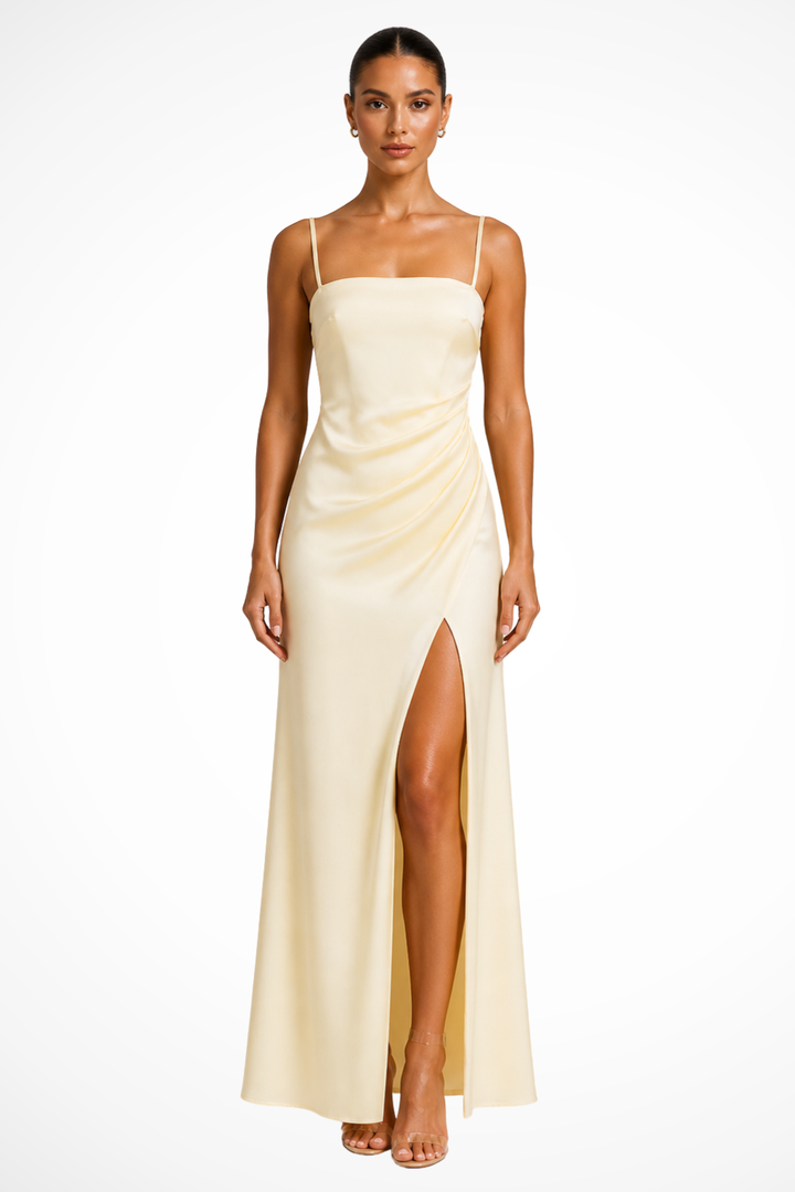 Yellow Women's Square Neck Satin Midi Dress – Siopie