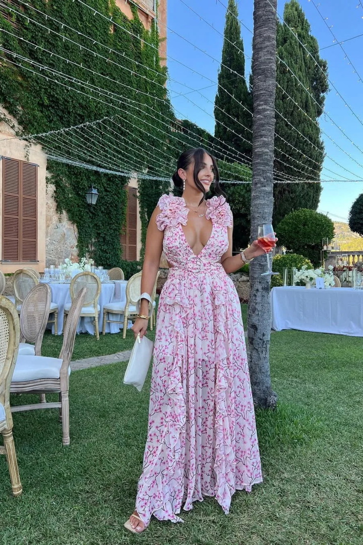 Siopie Floral Ruffle V-Neck Flowing Maxi Dress in Pink