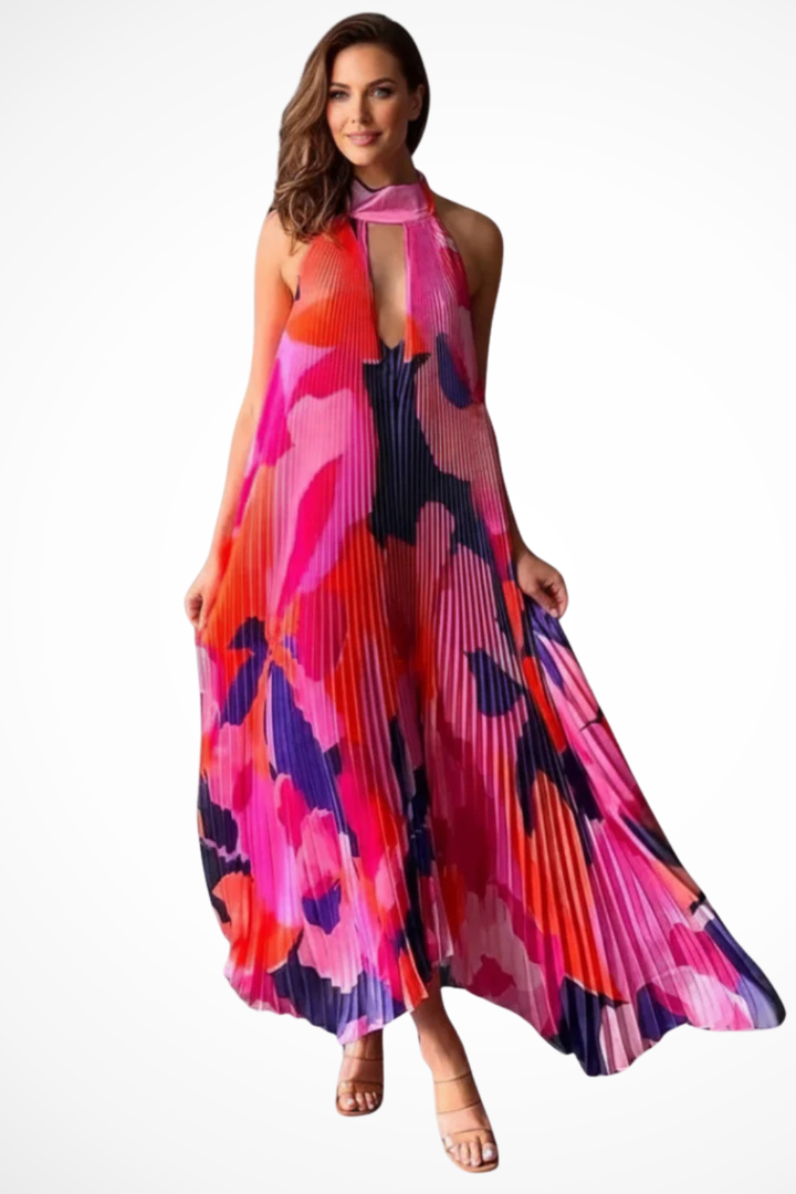 Siopie Women's Printed Pleated Halter Neck Maxi Dress in Pink