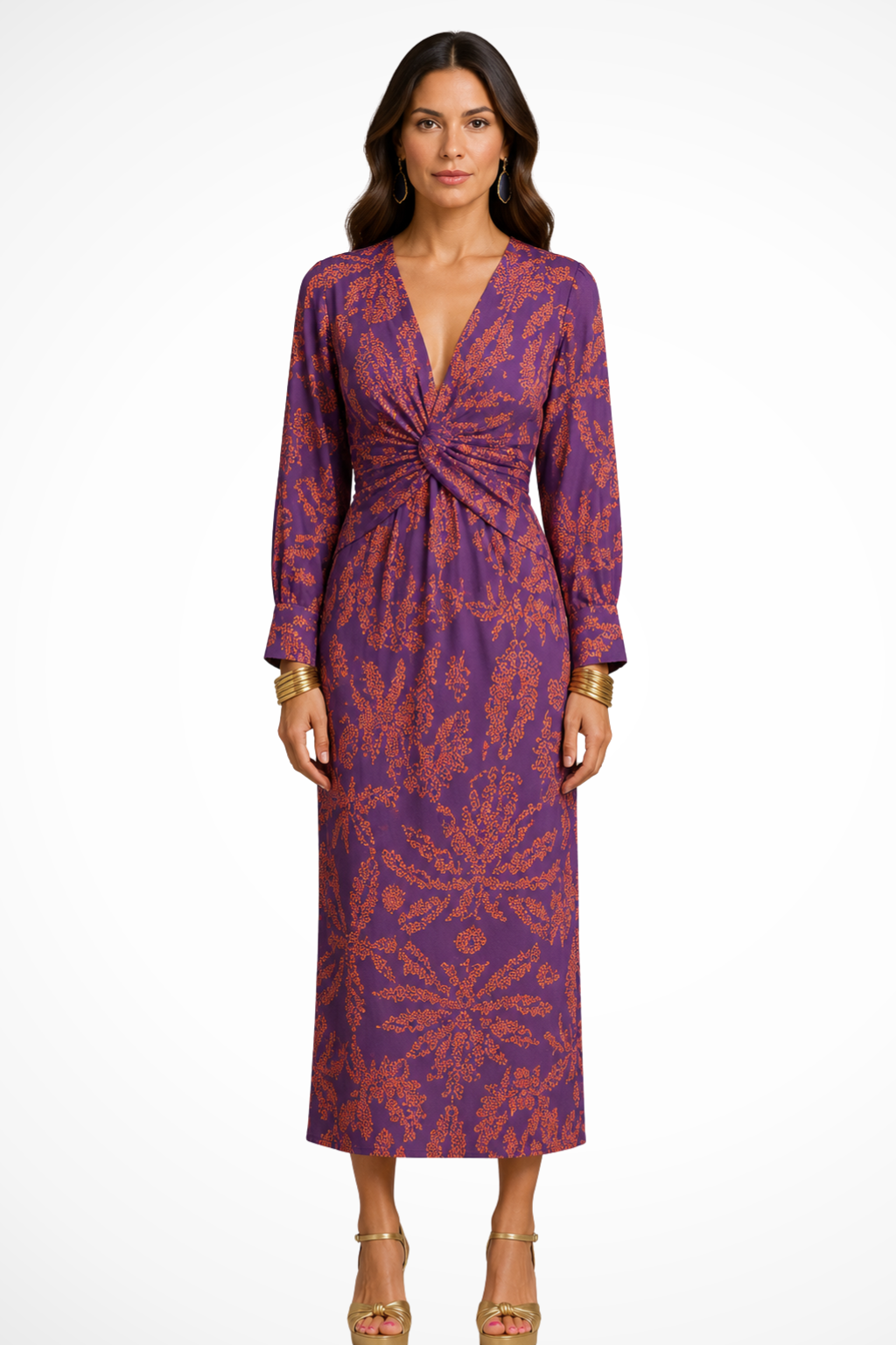 Siopie V-Neck Twist Front Printed Midi Dress in Purple