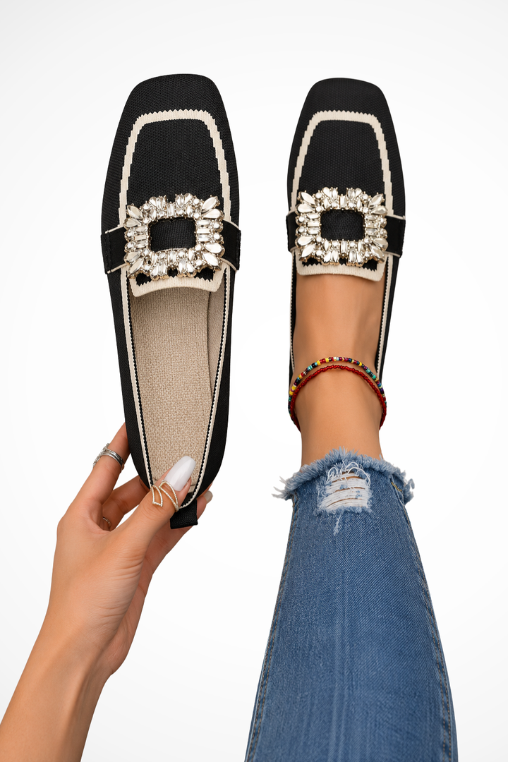 Siopie Embellished Square Toe Orthopaedic Loafers in Black
