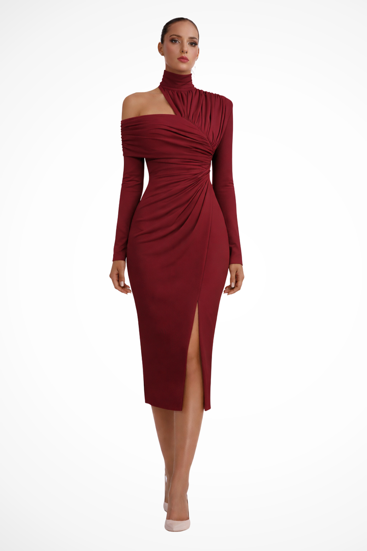 Siopie Women's Asymmetric One Shoulder Midi Dress in Burgundy
