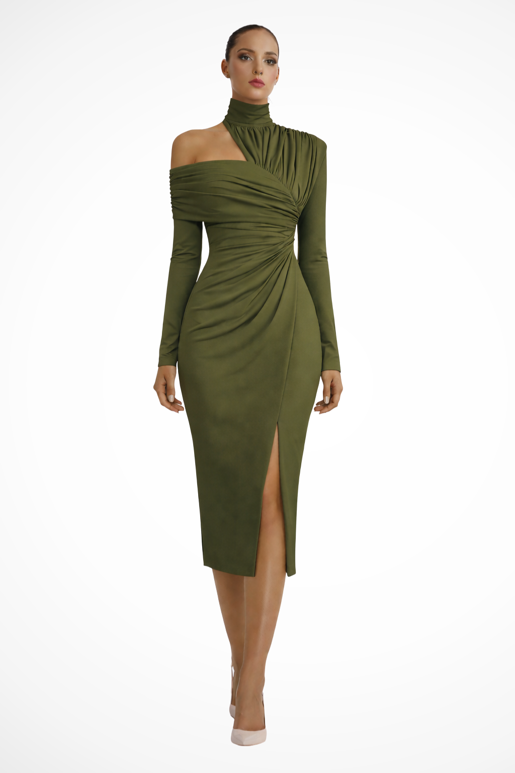 Siopie Women's Asymmetric One Shoulder Midi Dress in Olive Green