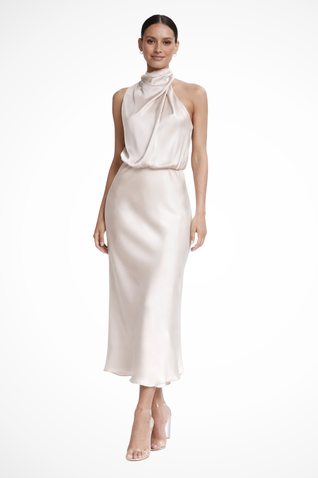 Siopie Women's Satin Halter Neck Midi Dress in Champagne