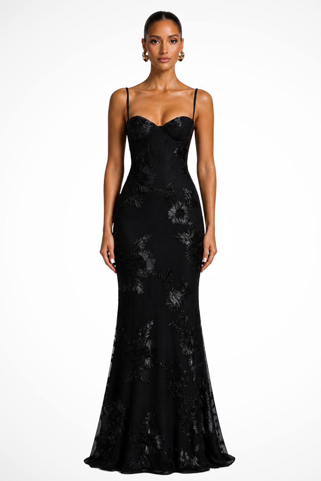 Black Women's Floral Embroidered Corset Maxi Dress – Siopie