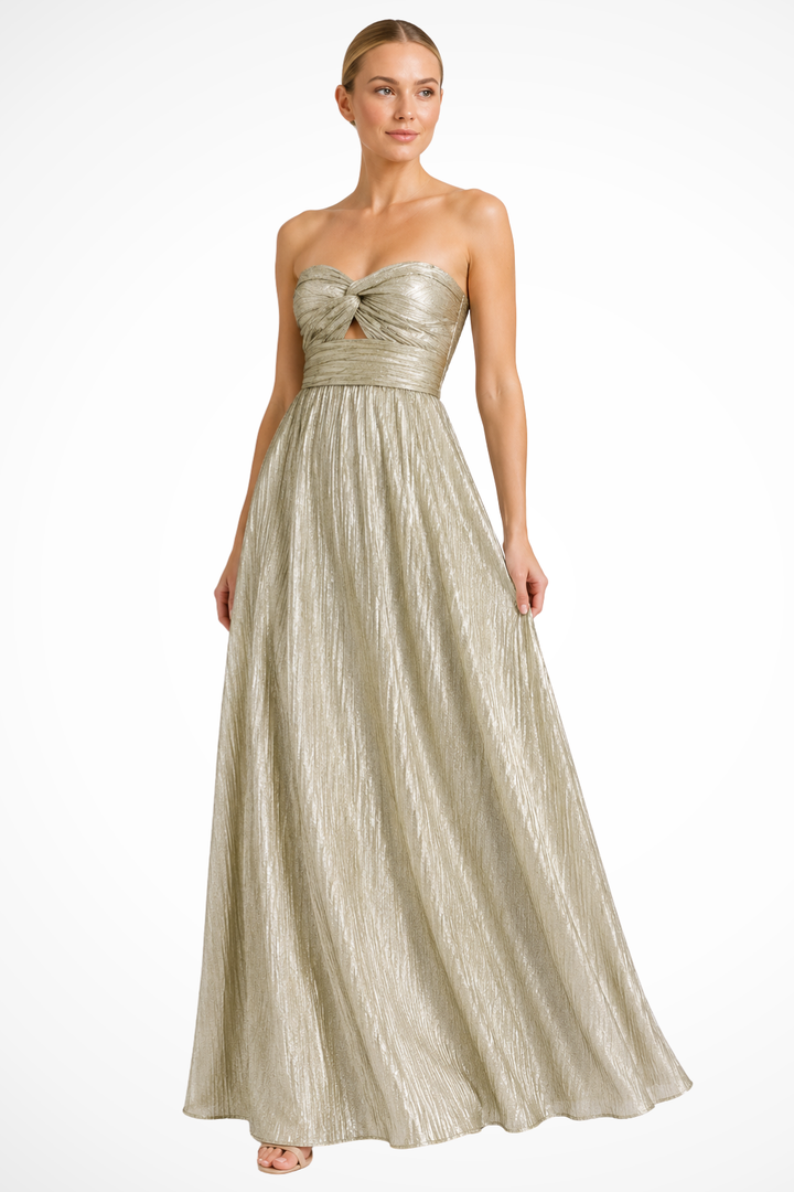 Siopie Strapless Twist Front Pleated Maxi Dress in Silver
