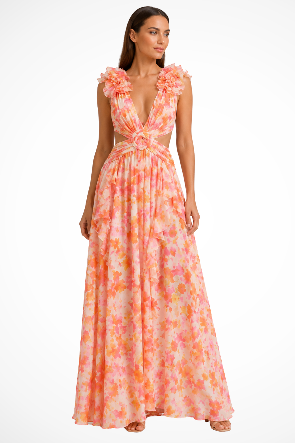 Siopie Floral Ruffle V-Neck Flowing Maxi Dress in Orange
