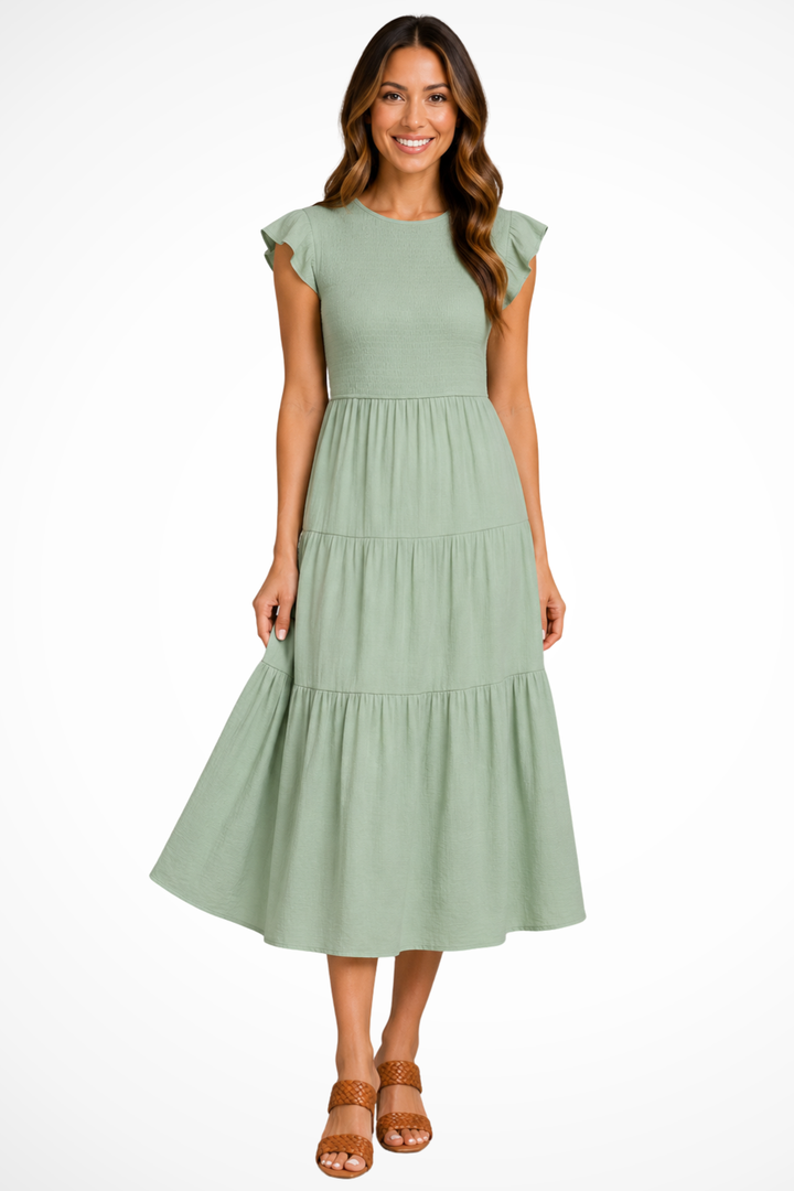Siopie Shirred Tiered Relaxed Midi Dress in Light green