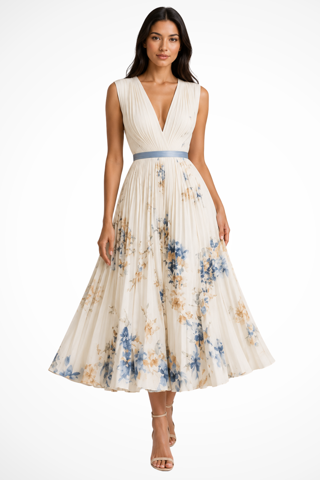 Siopie Floral Pleated V-Neck Occasion Midi Dress in Beige