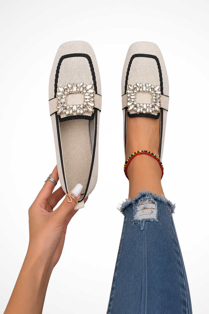 Siopie Embellished Square Toe Orthopaedic Loafers in Beige