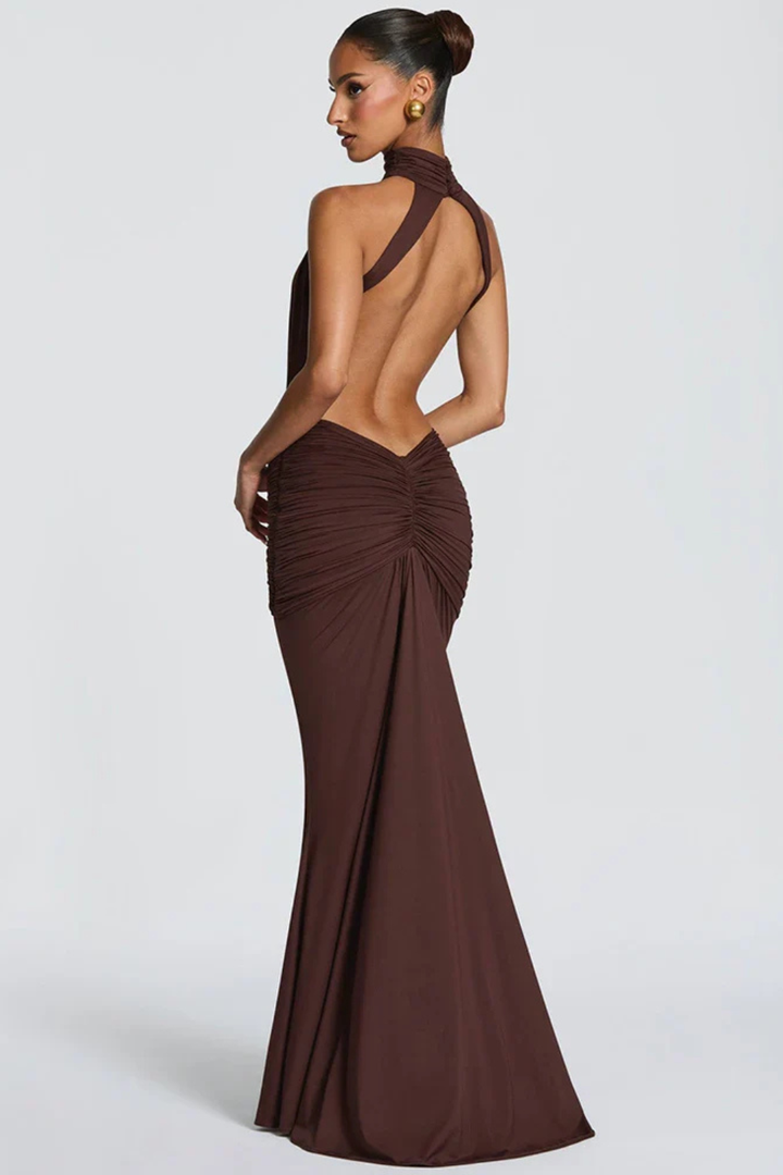 Siopie Women's Halter Neck Backless Ruched Bodycon Maxi Dress