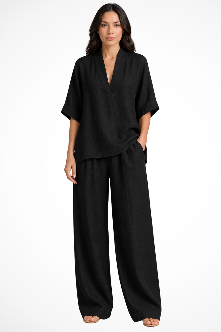 Siopie Women's Linen Wide Leg Co-Ord Set in Black