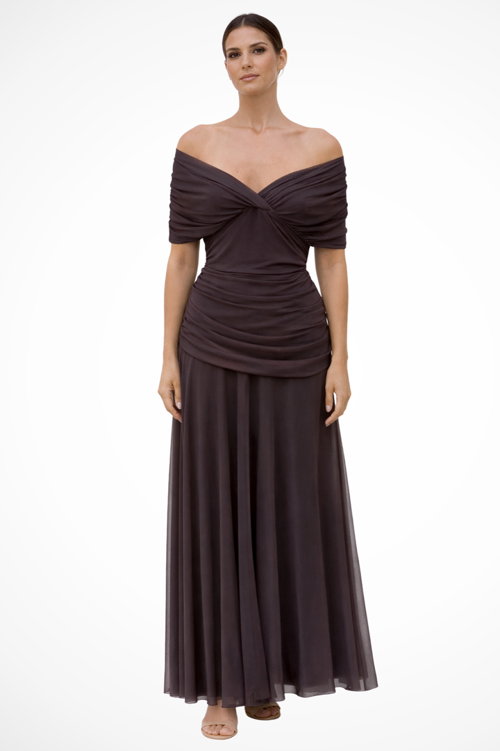 Siopie Women's Off Shoulder Pleated Midi Dress in Brown