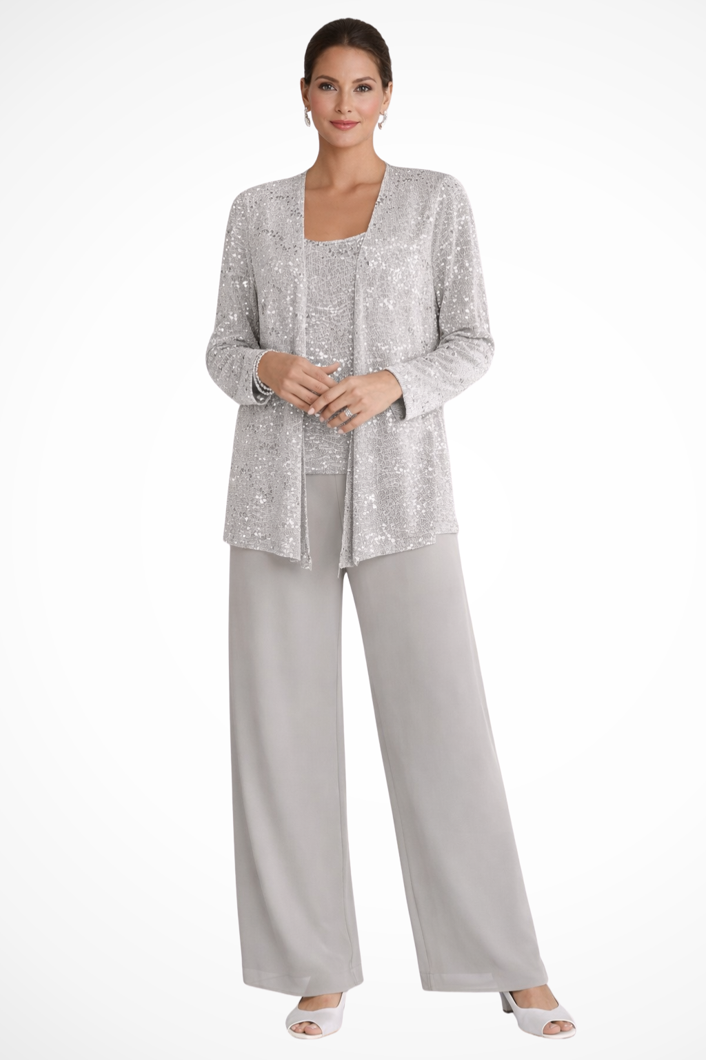 Sequin Lace Three-Piece Trouser Suit Silver – Siopie